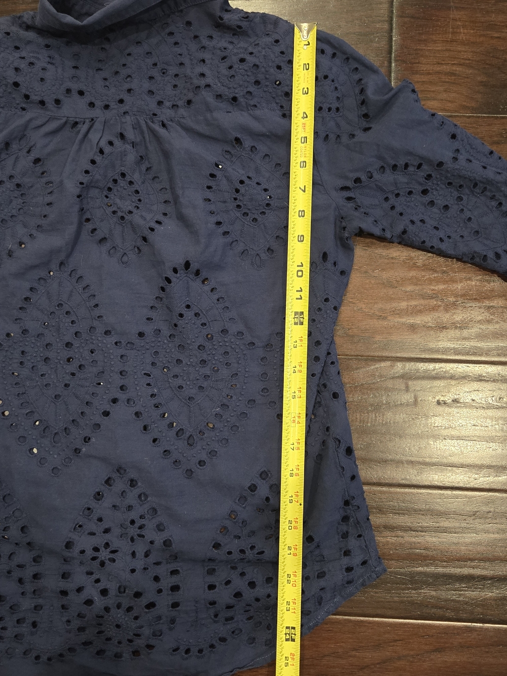 Adiva Navy Eyelet Button Down Shirt Cotton Boho Cottagecore Beach Cover Up M - Picture 11 of 13